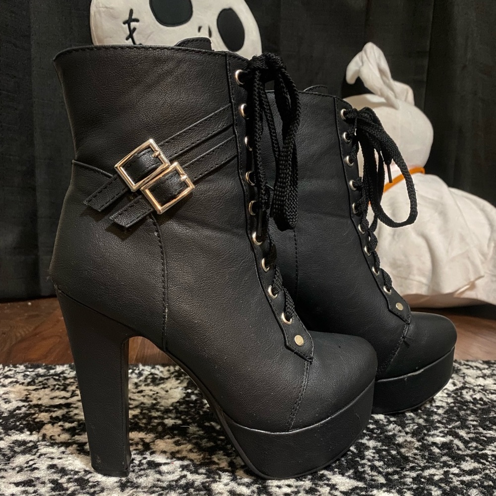 Women Autumn Round Toe Lace up Ankle Buckle Chunky High Heel Platform Boots